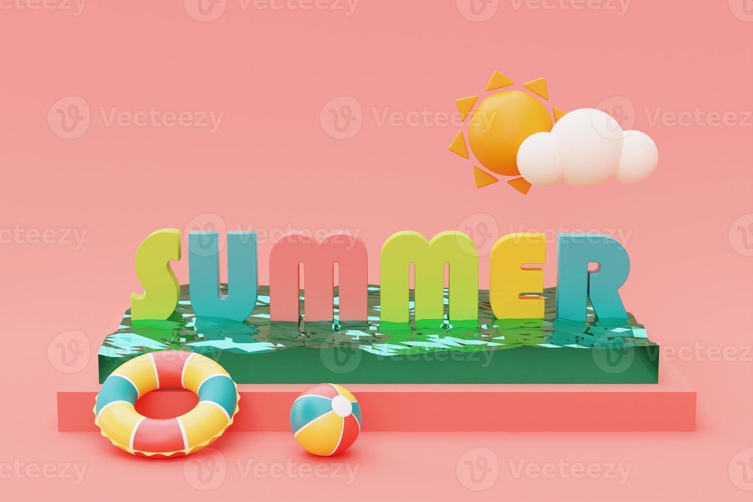 Summer swimming pool with colorful summer beach elements,3d rendering. photo