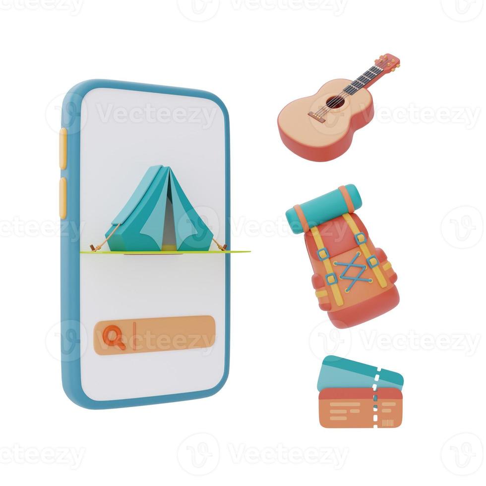 camping tent on screen smartphone with guitar,travel backpack and ticket,summer camp concept,3d rendering. photo