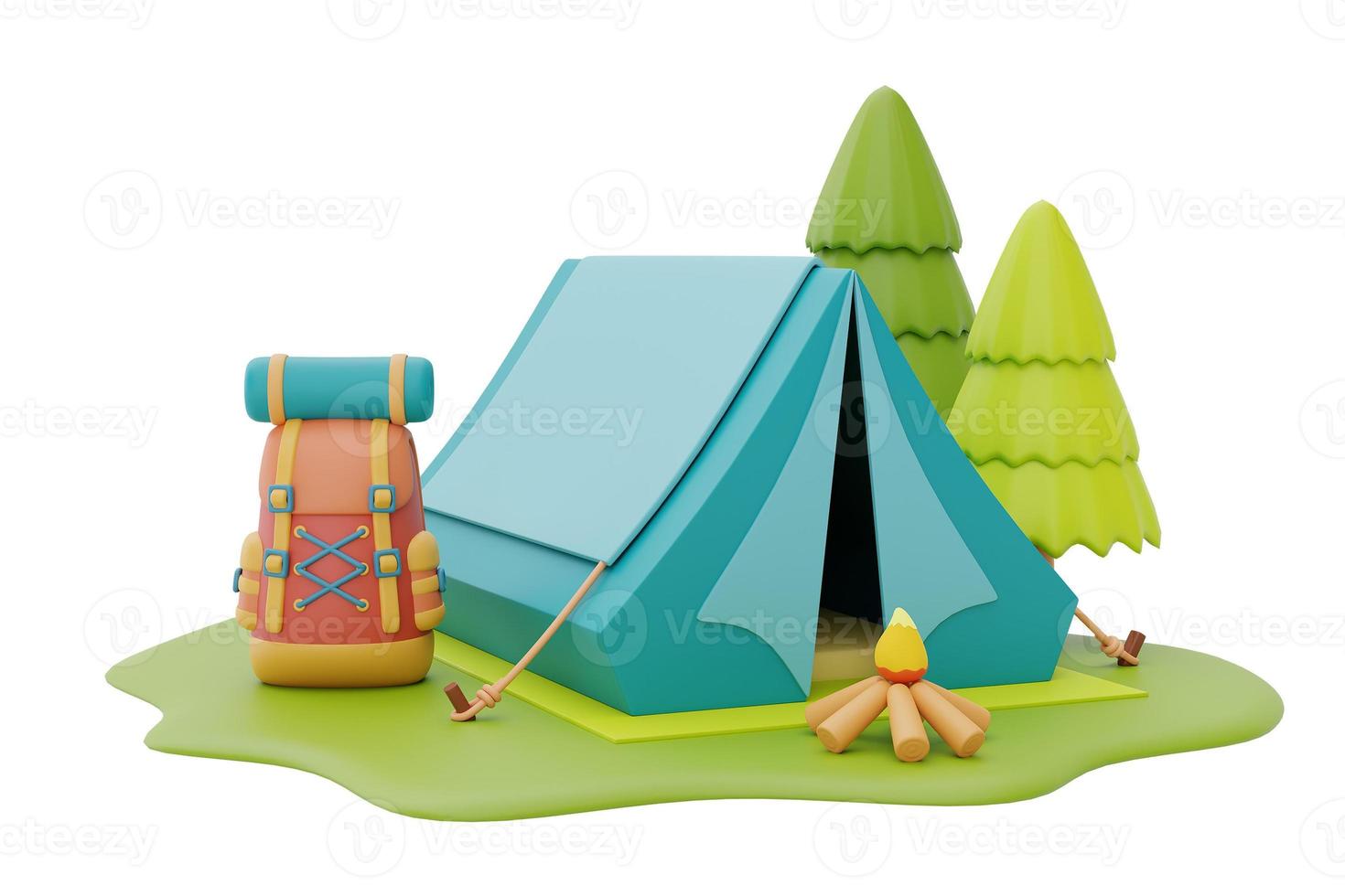 tienda de campaña turística y fogata con mochila en el lugar de acampada, concepto de campamento de verano, representación 3d. foto