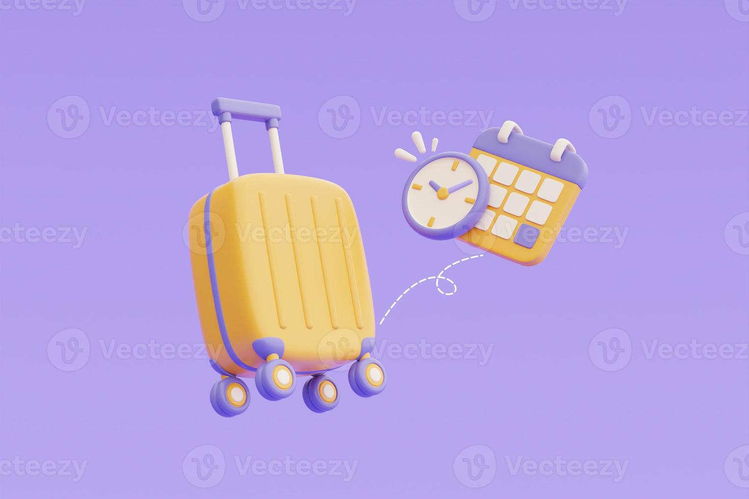 Time to travel concept,Booking airline tickets online with yellow suitcase and calendar,Tourism and travel plan to trip,holiday vacation,3d rendering photo