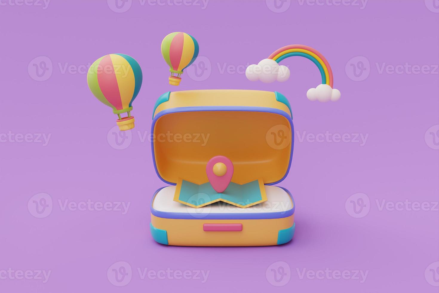 Opened yellow suitcase with map,location pin,hot air balloon and rainbow.Tourism and travel plan to trip,Time to travel,summer holiday vacation,3d rendering photo