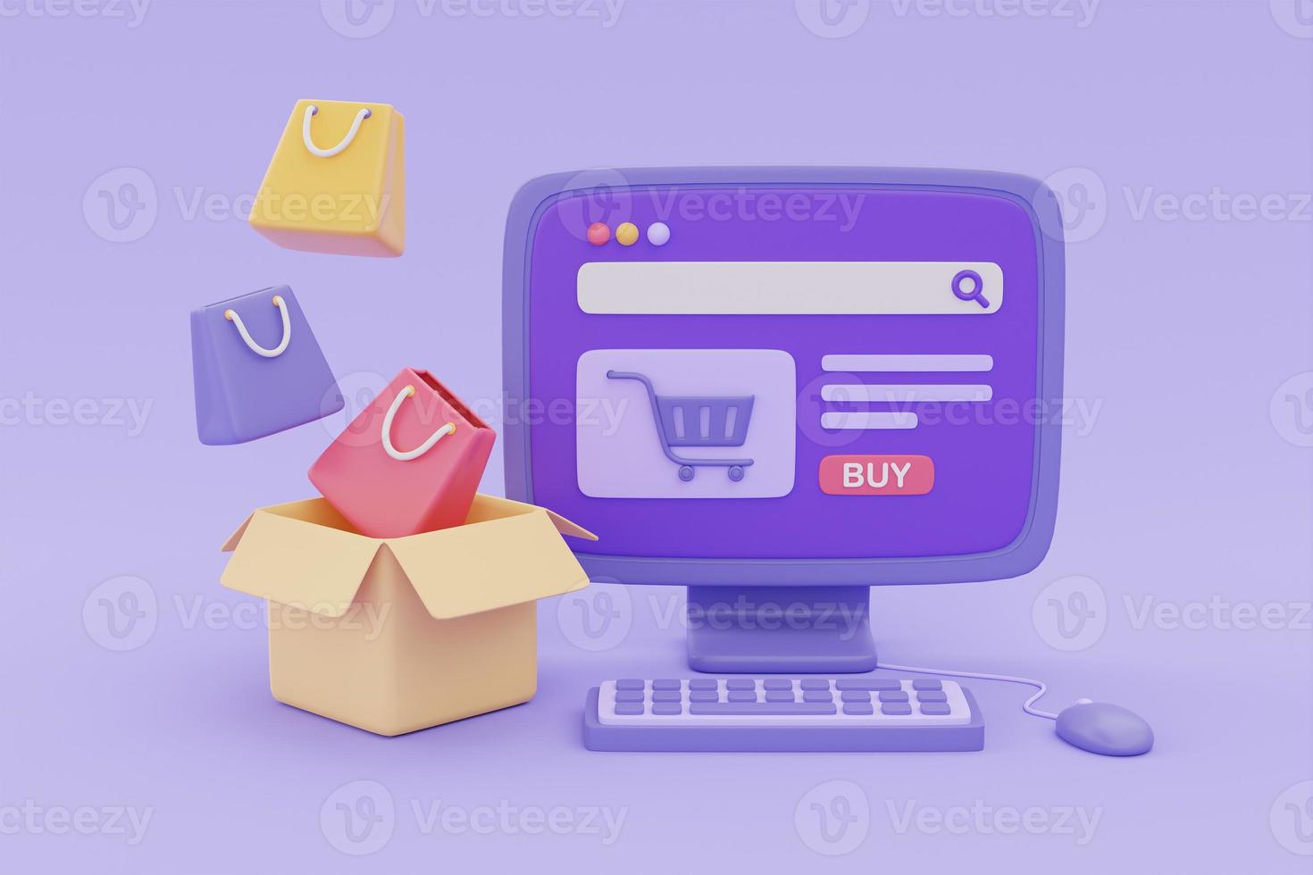 Online shopping store and delivery on computer with parcel boxes on purple background, digital marketing promotion, 3d rendering. photo