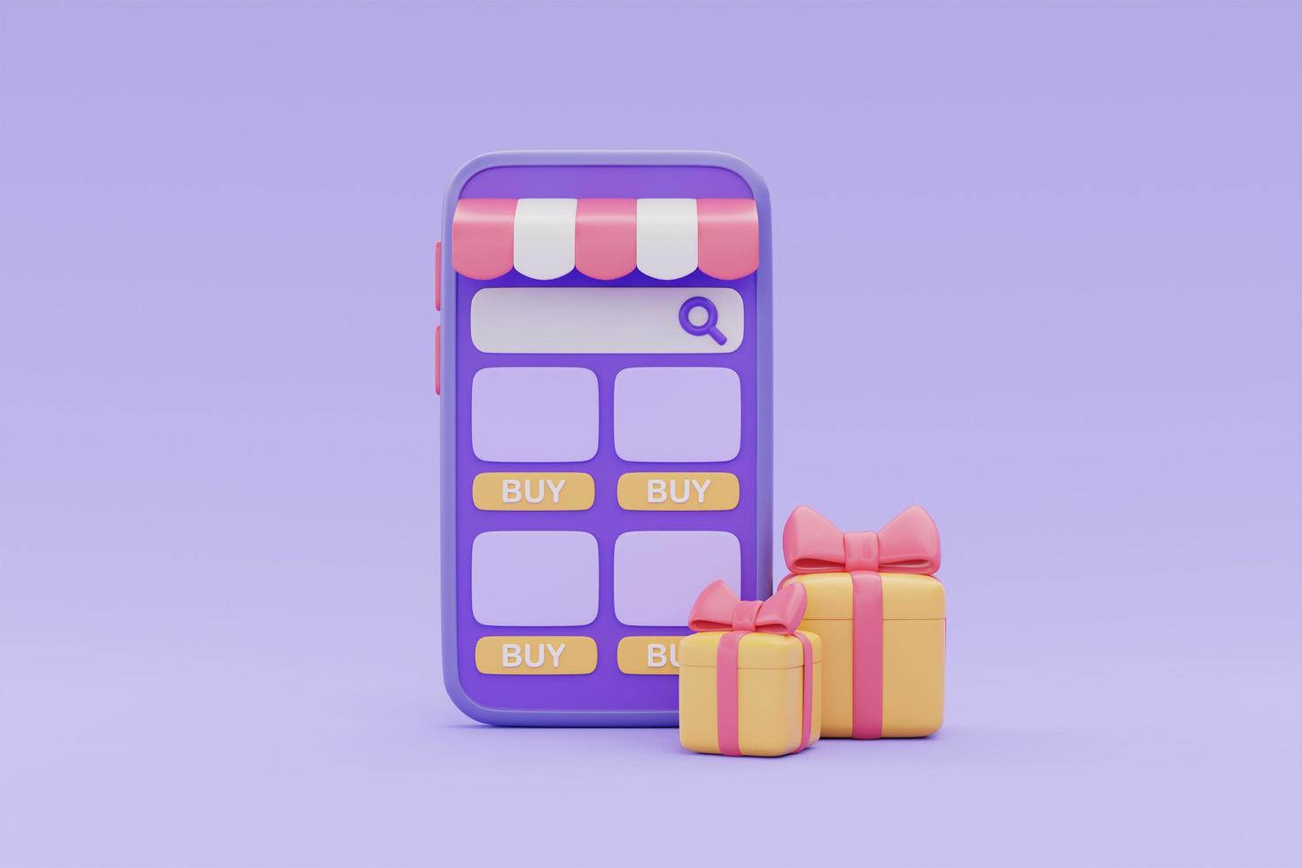 Online shopping store on smartphone with gift boxes on purple background, 3d rendering. photo