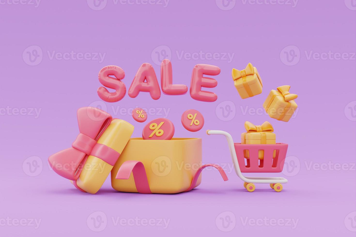 gran descuento y concepto de promoción de ventas, carrito de compras y cajas de regalo con palabra de venta flotando sobre fondo púrpura, representación 3d. foto