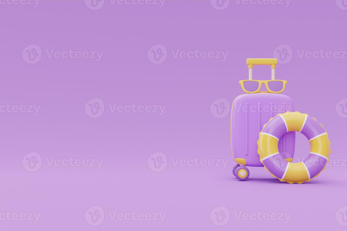 Summer time concept with suitcase and summer beach elements on purple background, 3d rendering. photo
