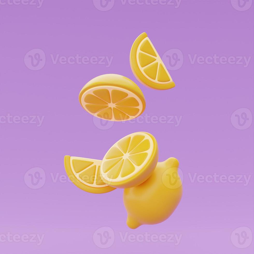 Slice of lemon floating isolate on purple background, summer fruits, 3d rendering. photo
