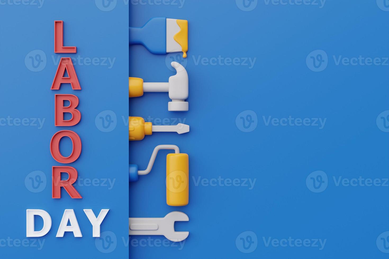 Happy labor day usa concept with construction tools and equipment on blue background, 3d rendering photo