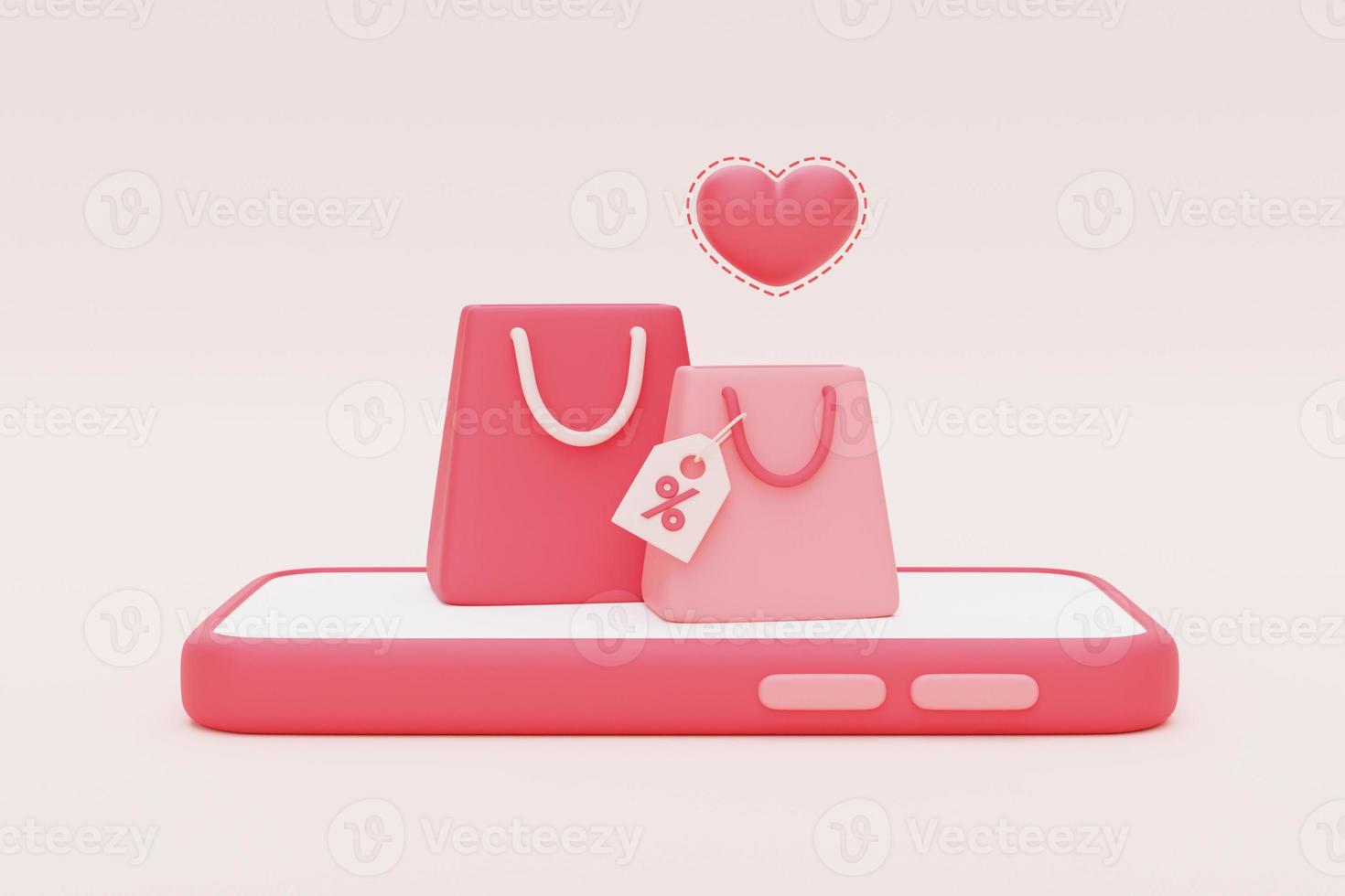 Render 3d de bolsa de compras rosa con flotador de hart aislado sobre fondo pastel, concepto de venta del día de san valentín, estilo minimalista. foto