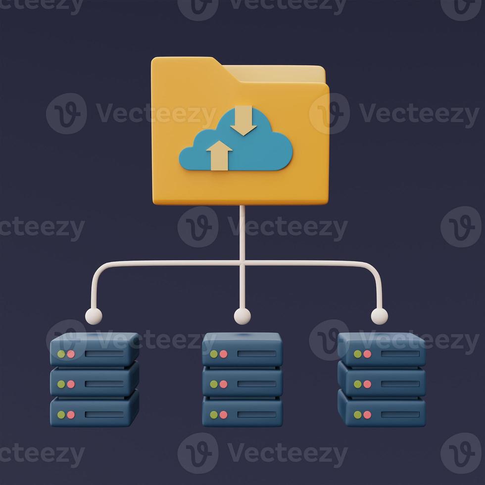 Cloud storage technology concept with Server racks and blue cloud symbol on folder icon ,online database,transfer data information,minimal style.3d rendering. photo