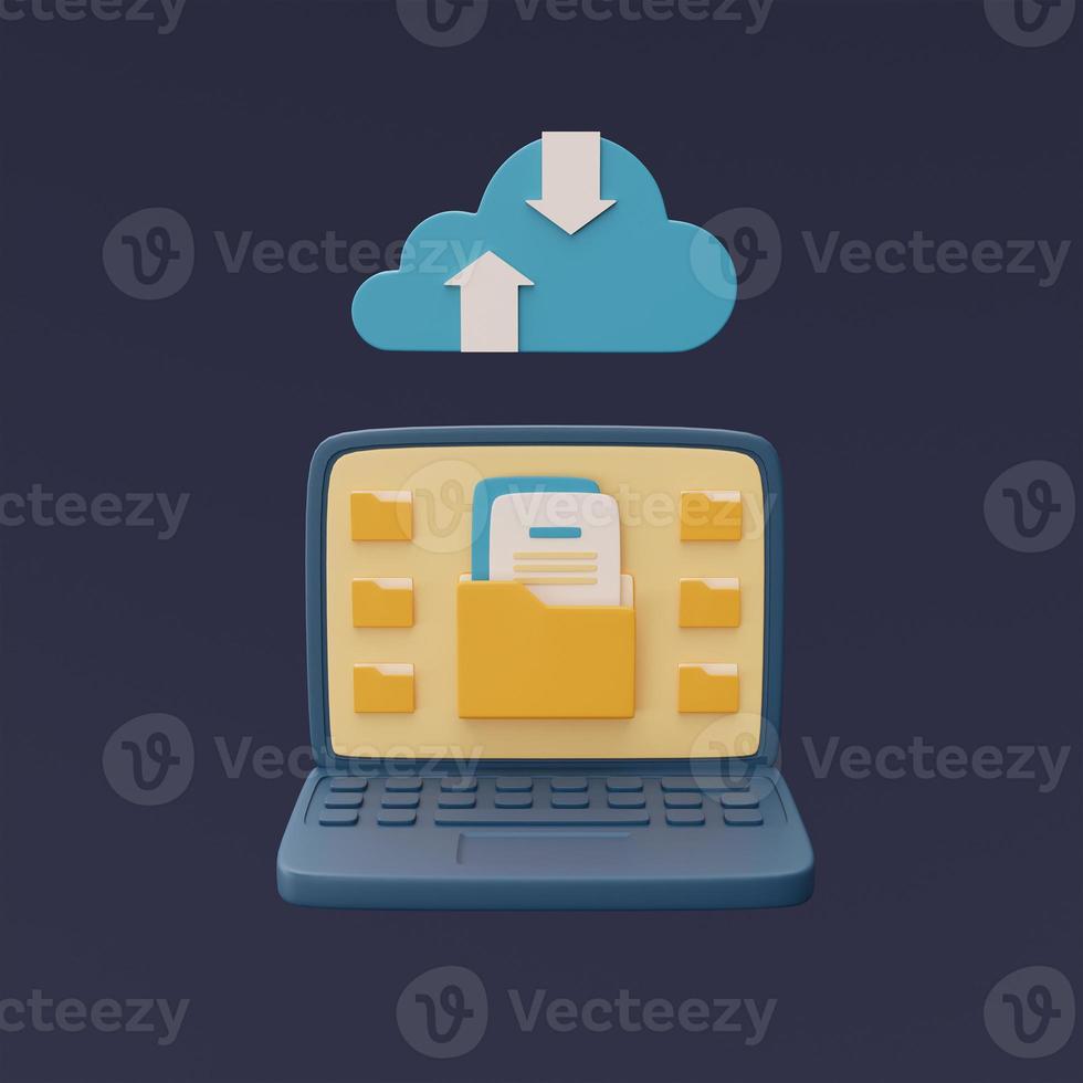 Cloud storage technology concept with blue cloud symbol and document in folder icon on computure ,online database,transfer data information,minimal style.3d rendering. photo