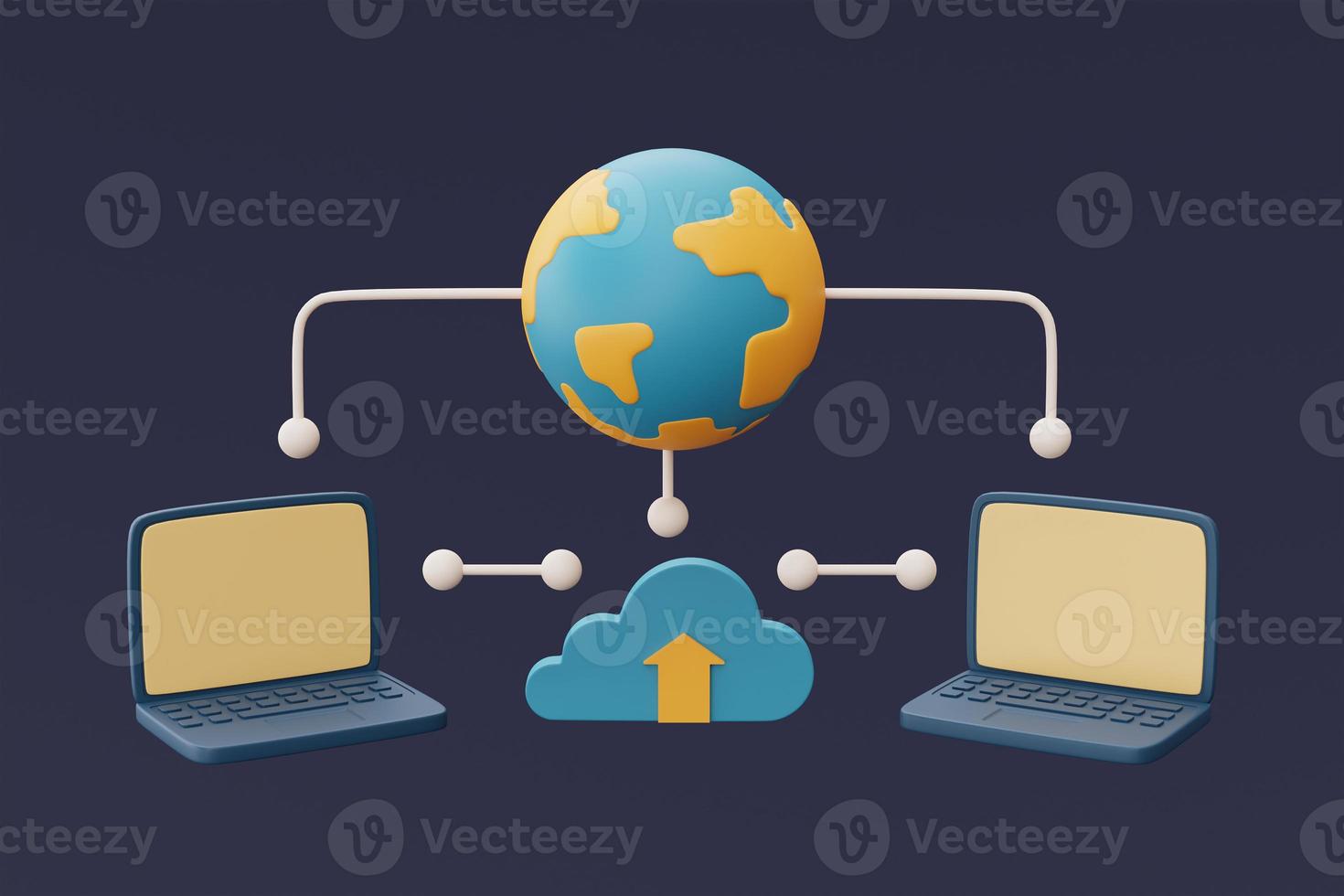 concepto de tecnología de almacenamiento en la nube con símbolo de nube azul y computadora, intercambio de datos globales, base de datos en línea, información de datos de transferencia, estilo mínimo. Representación 3d. foto