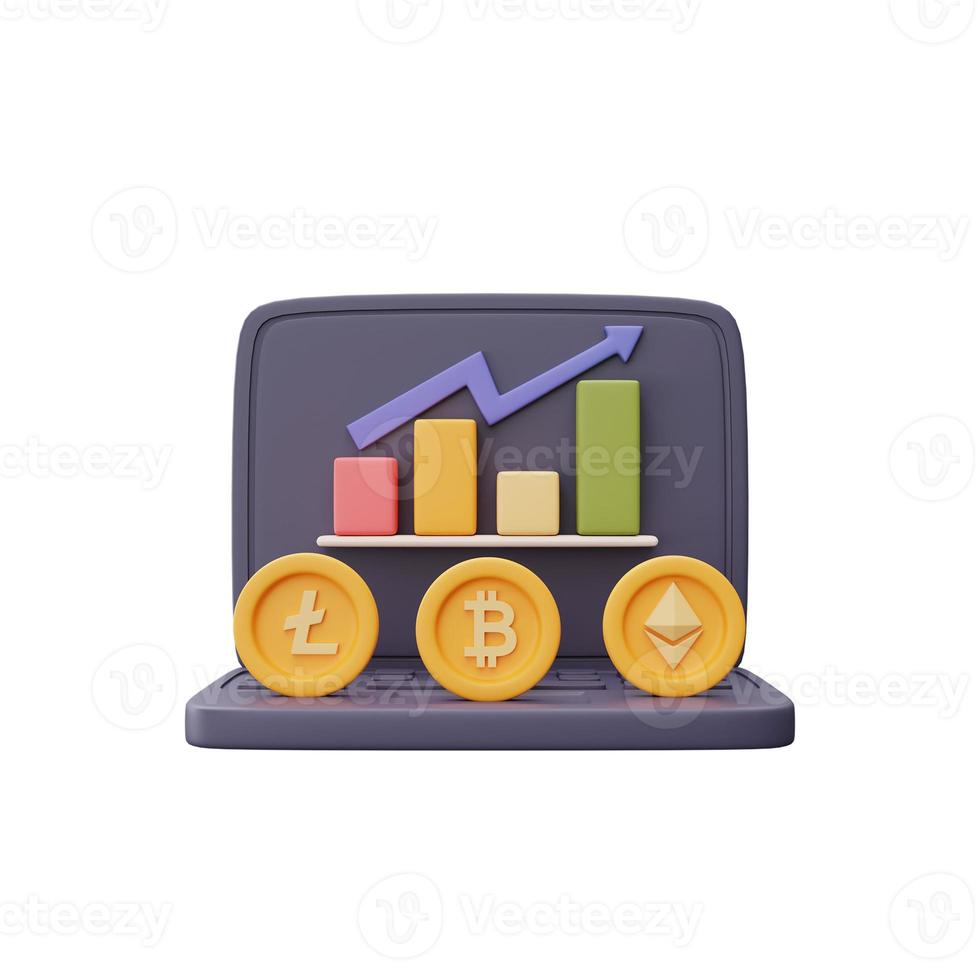 Cryptocurrency trading strategy concept,laptop computer with trading graph of blockchain technology,buy or sell bitcoins online,minimal style.3d rendering. photo