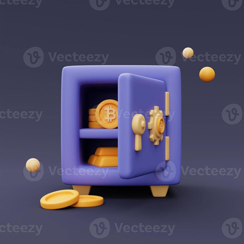 golden coins with bitcoin symbol and gold bars fall out the open safe box,Cryptocurrency protection concept,minimal style.3d rendering. photo