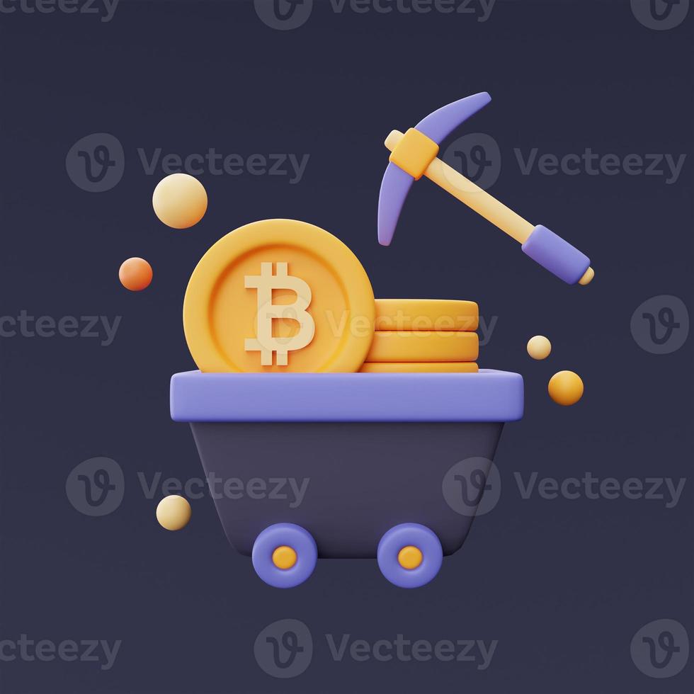 Bitcoin mining concept with Pickaxe and Golden bitcoin coin,Cryptocurrency,blockchain technology,minimal style.3d rendering. photo