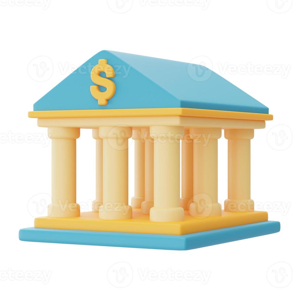 Render 3d del edificio del banco aislado sobre fondo claro, concepto de transferencia de dinero, inversión financiera empresarial. Estilo minimalista. Representación 3d. foto