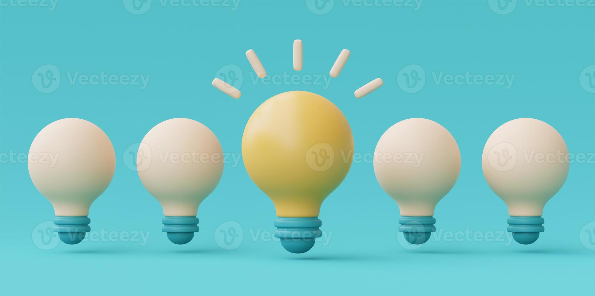 Creative ideas with one glowing light bulb among extinguished, Think different idea concept,minimal style,3d rendering. photo