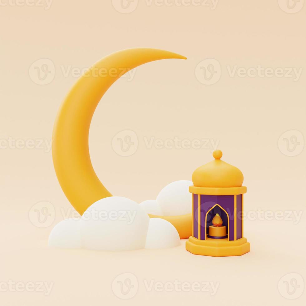 3d ramadan greetings with lantern and crescent moon ,Islamic holiday, Raya Hari, Eid al Adha, 3d rendering. photo