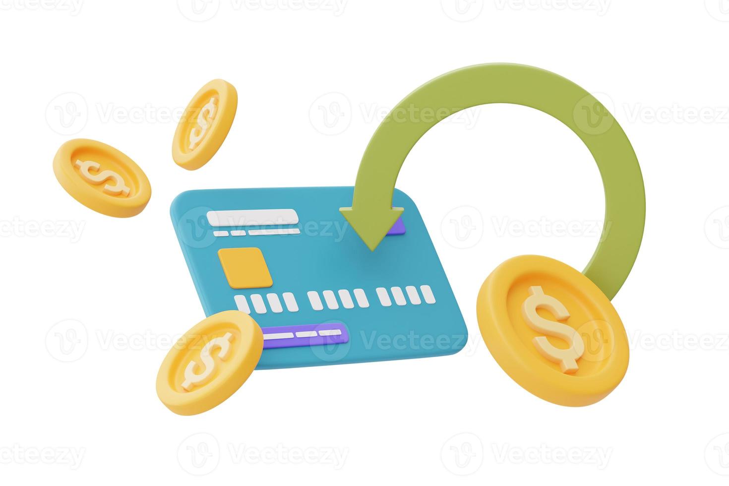 Online cashback service or digital payment concept with blue credit cards and dollar coin,3d rendering photo