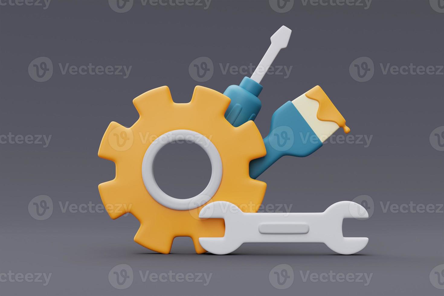 Construction tools and equipment,gear,screwdriver,paint brush,wrench,labour day.3d rendering photo