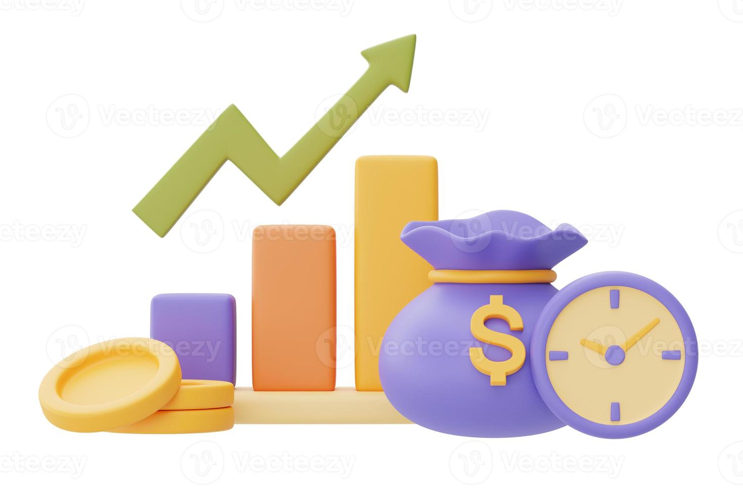 Time value of money concept with clock,graph and coin stacks,time management,long term investment,payment deadline,3d rendering. photo