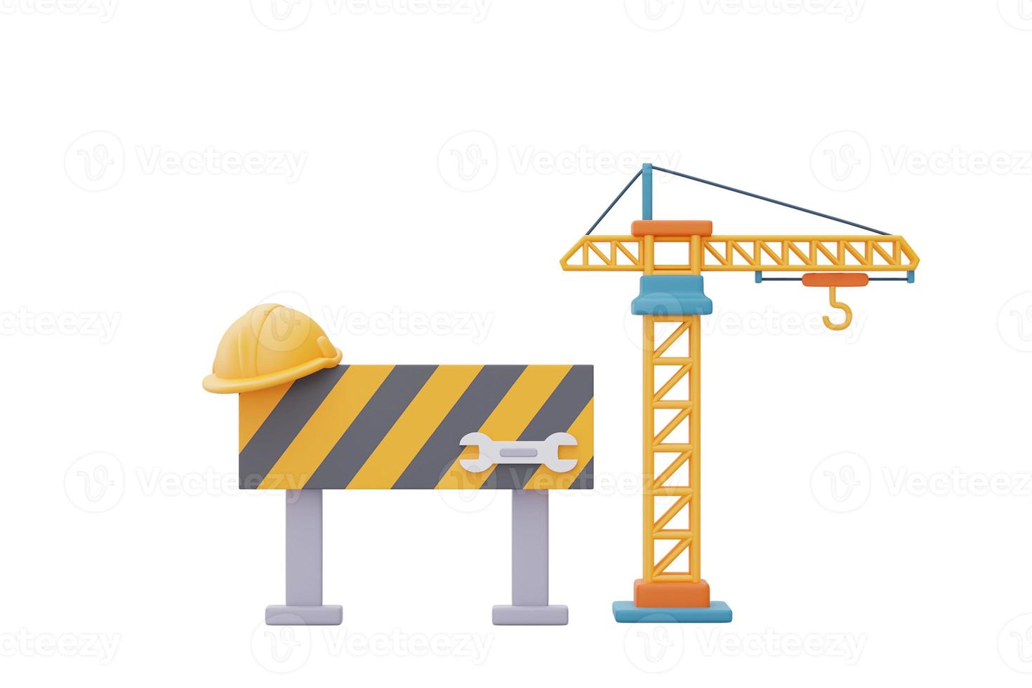 Grúa torre amarilla y letrero en construcción, herramientas y equipos de construcción, feliz día del trabajo. Representación 3d foto