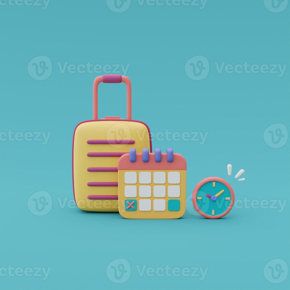 Yellow suitcase with clock and calendar,time to travel concept,vacation planning,holiday,Ready for travel.3d render. photo