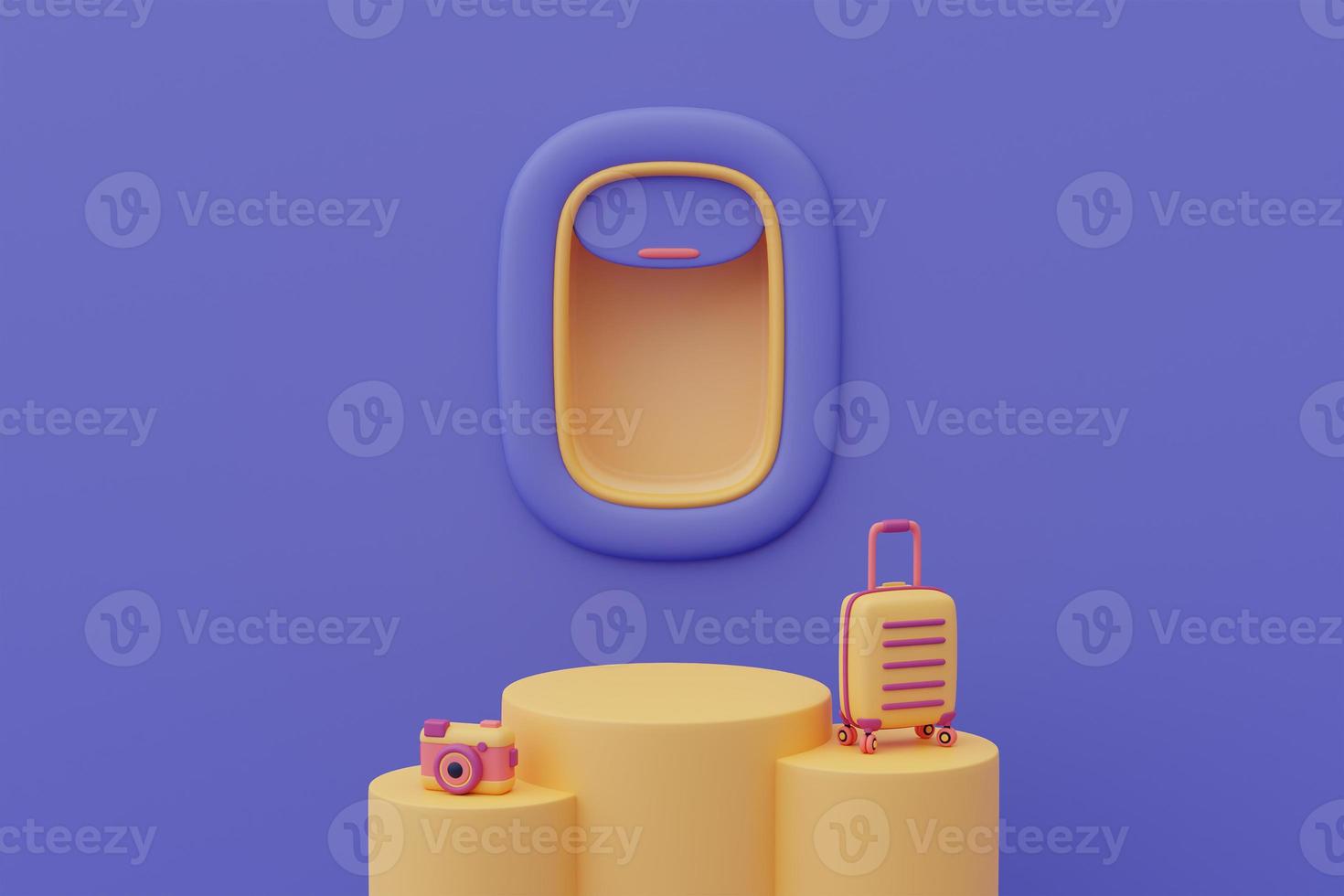 3d render of airplane window scene with empty podium stage surrounded by traveler accessories for showing or presentation,minimal style. photo