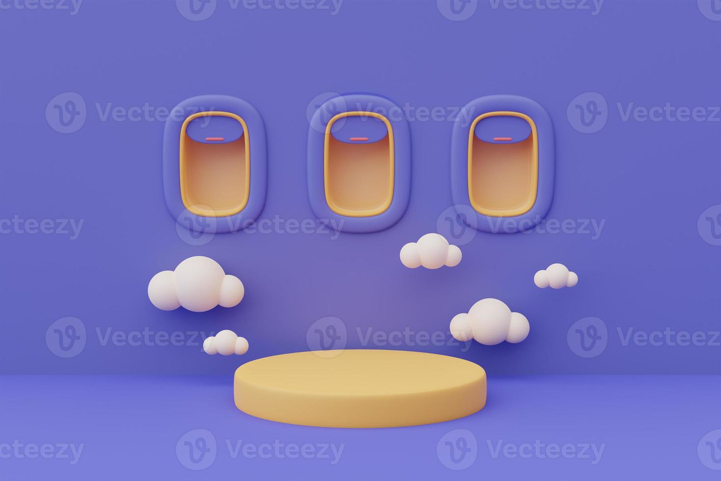 3d render of airplane window scene with empty podium stage surrounded by cloud  for showing or presentation,minimal style. photo