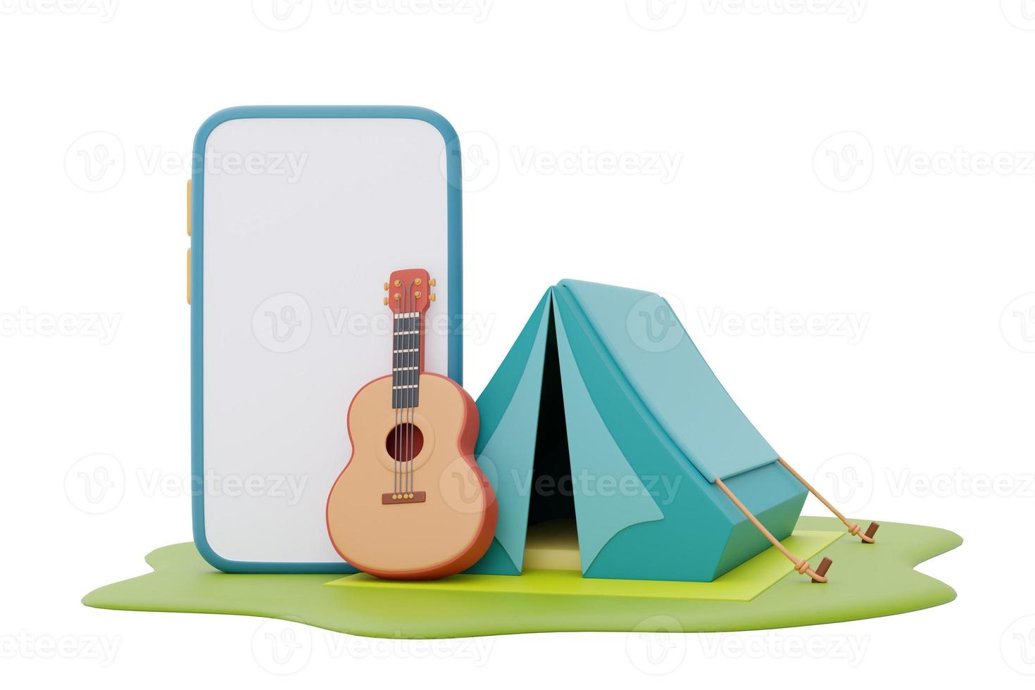 tourist camping tent and guitar with smartphone on camping place,summer camp concept,3d rendering. photo