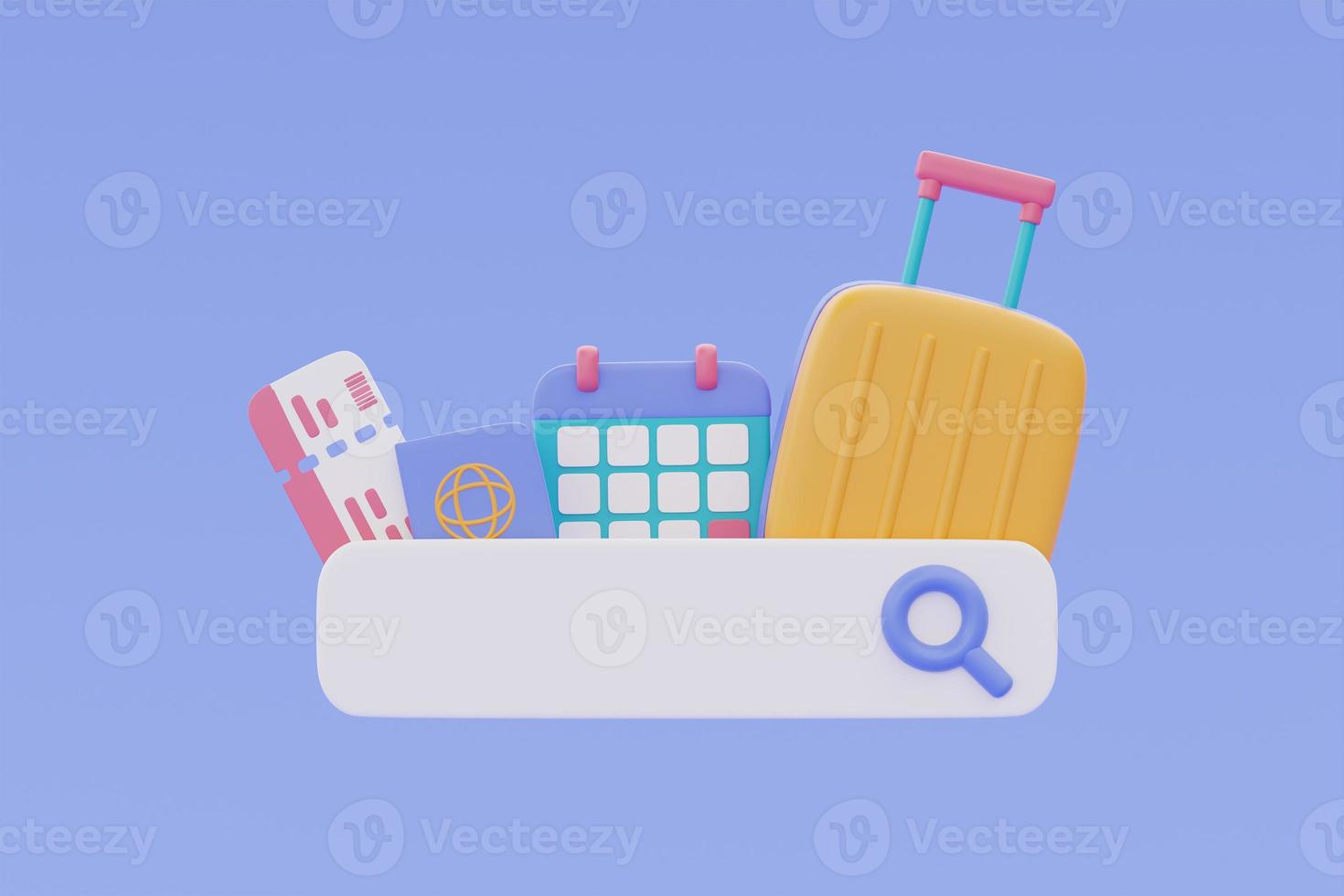 Tourism and travel,Booking airline tickets online with search bar and suitcase,passport,calendar ,holiday vacation,3d rendering photo