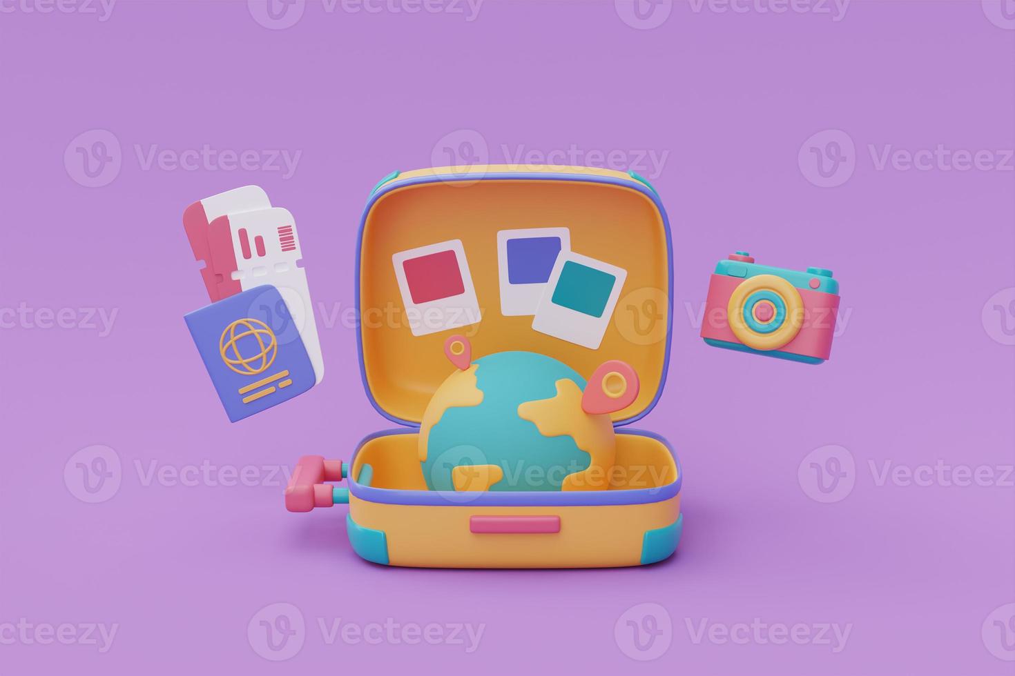 Opened yellow suitcase with globe,camera,passport and tickets.Tourism and travel plan to trip,Time to travel, holiday vacation,3d rendering photo