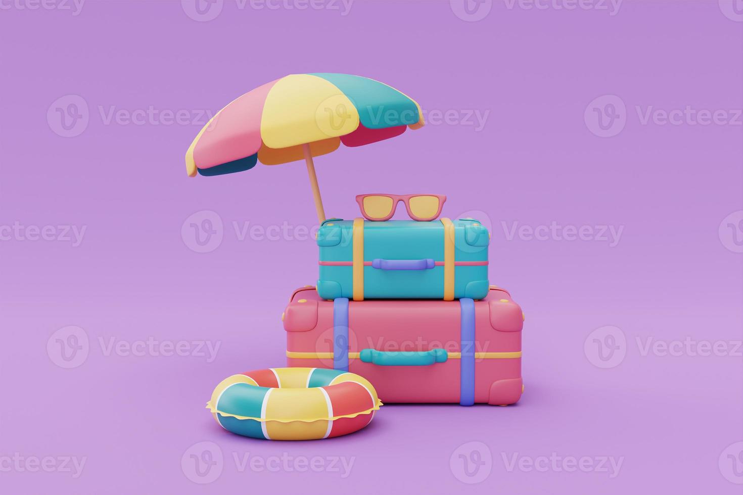colorful suitcase with summer beach elements,Tourism and travel plan to trip concept,holiday vacation,summer time,3d rendering photo