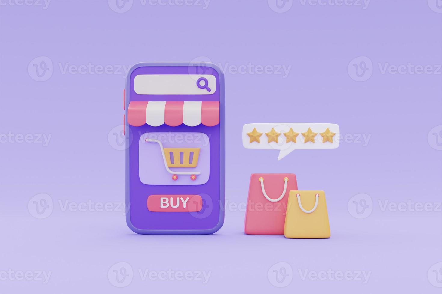 Online shopping customer satisfaction concept with shopping bags and five star rate review symbol on purple background, 3d rendering. photo