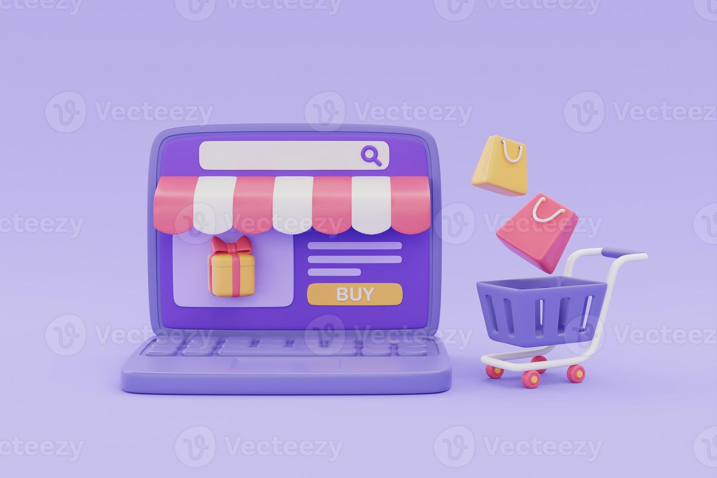 tienda de compras en línea en la computadora portátil con carrito de compras y bolsas flotando sobre fondo púrpura, renderizado 3d. foto