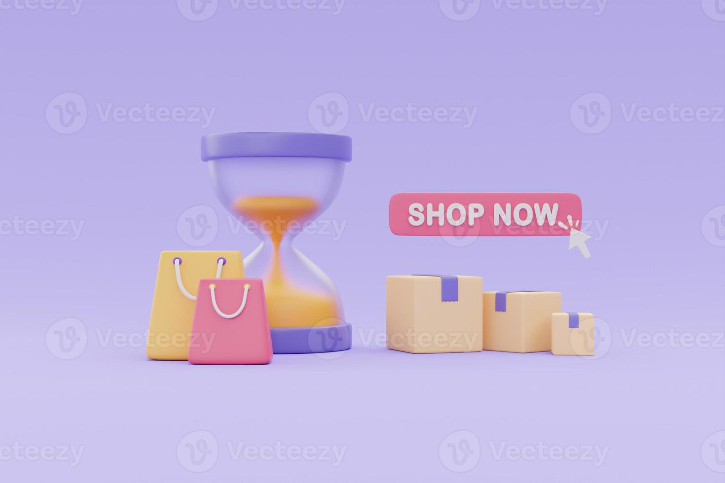 compras en línea con reloj de arena, bolsas de compras y cajas de paquetes, tiempo de marketing y promociones de venta flash concrpt, renderizado 3d. foto