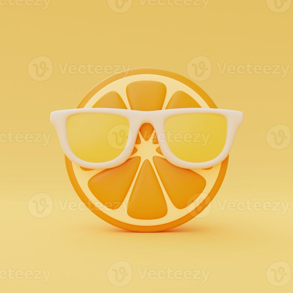 Slice of orange with sunglasses isolate on orange background, summer fruits, 3d rendering. photo