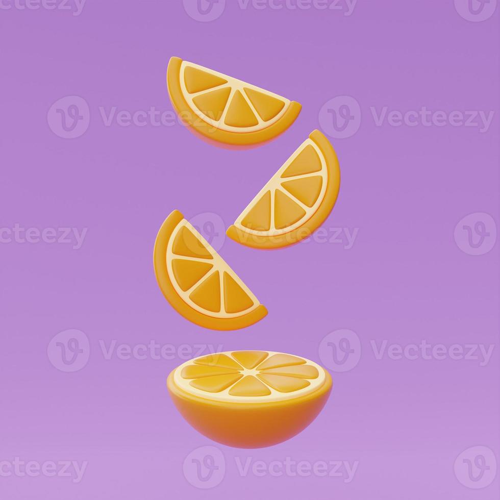 Slice of orange floating isolate on purple background, summer fruits, 3d rendering. photo