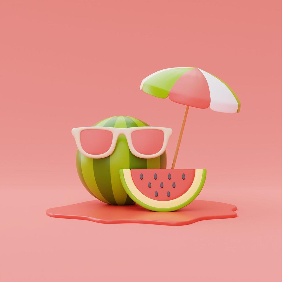 rebanada de sandía con sombrilla de playa aislada sobre fondo naranja, frutas de verano, renderizado 3d. foto