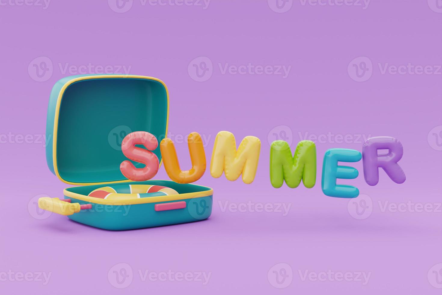 Summer time concept with suitcase and colorful summer beach elements on purple background, 3d rendering. photo