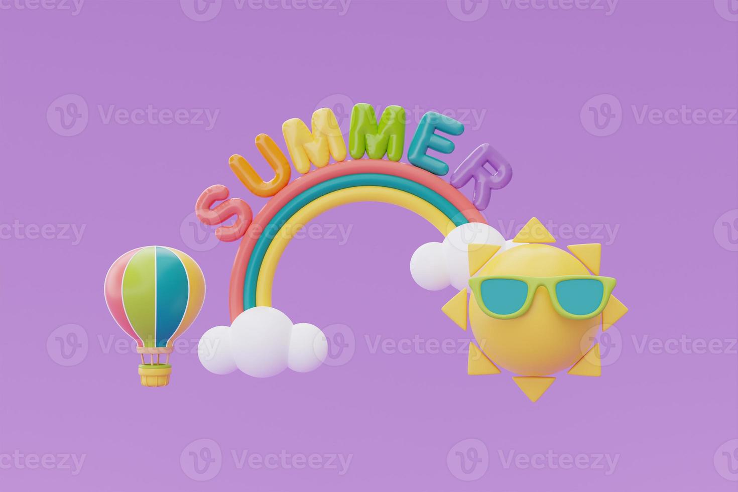 Summer time concept, sun with sunglasses and colorful summer beach elements on purple background, 3d rendering. photo
