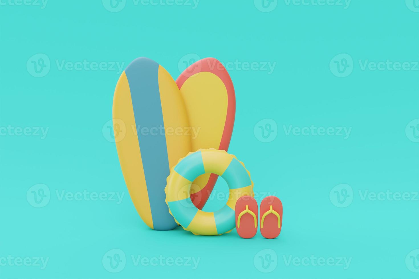 3d rendering of summer vacation concept with Surfboard and summer elements,minimal style.3d render. photo
