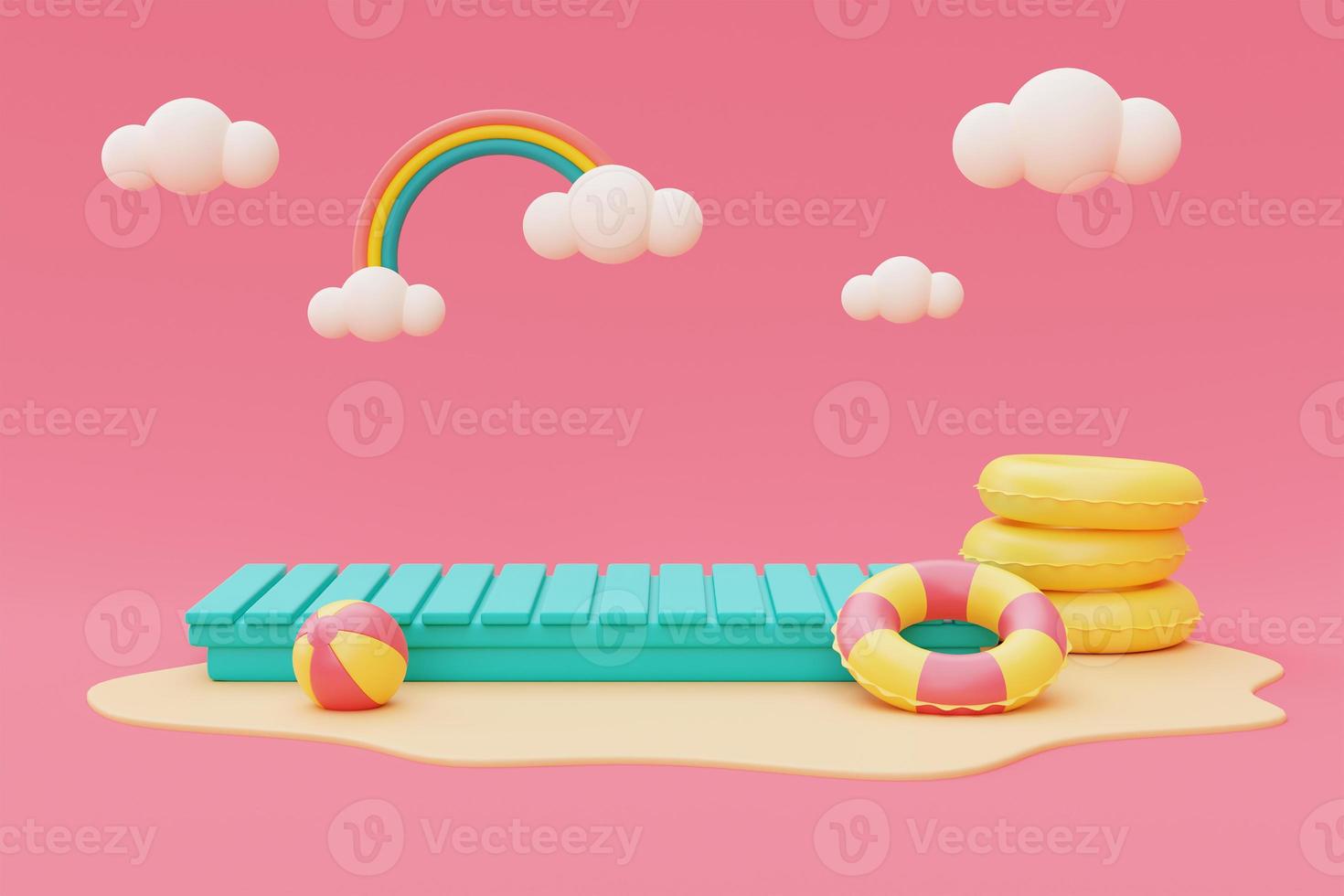 3d rendering of summer vacation concept ,Blue mock up display with Inflatable swimming ring and summer elements,minimal style.3d render. photo