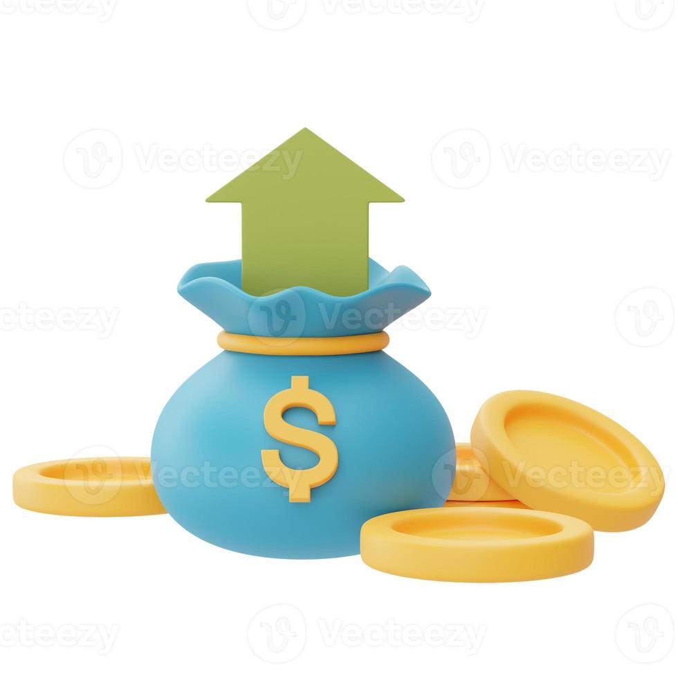 Money bag with golden coins stack isolated on light background,money saving concept.minimal style.3d rendering. photo