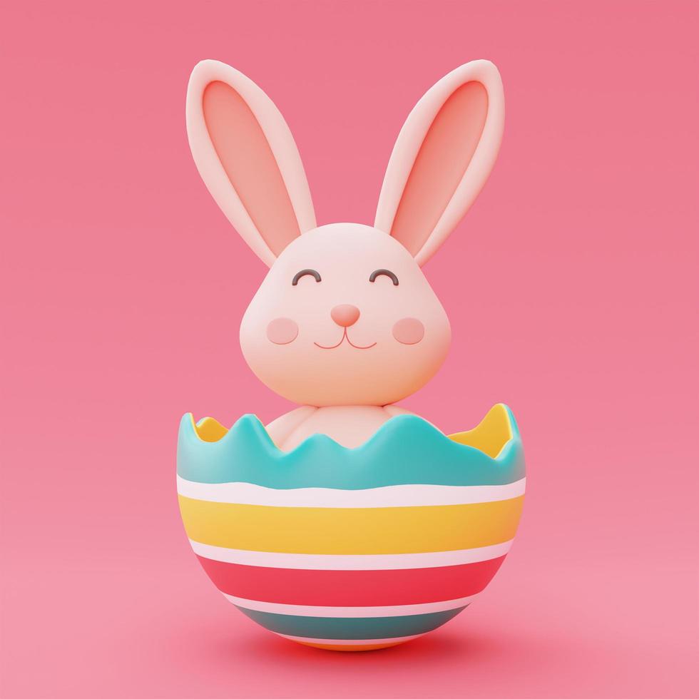 conejito de pascua con huevos de pascua coloridos aislados en fondo rosa, feliz concepto de vacaciones de pascua. estilo minimalista, representación 3d. foto