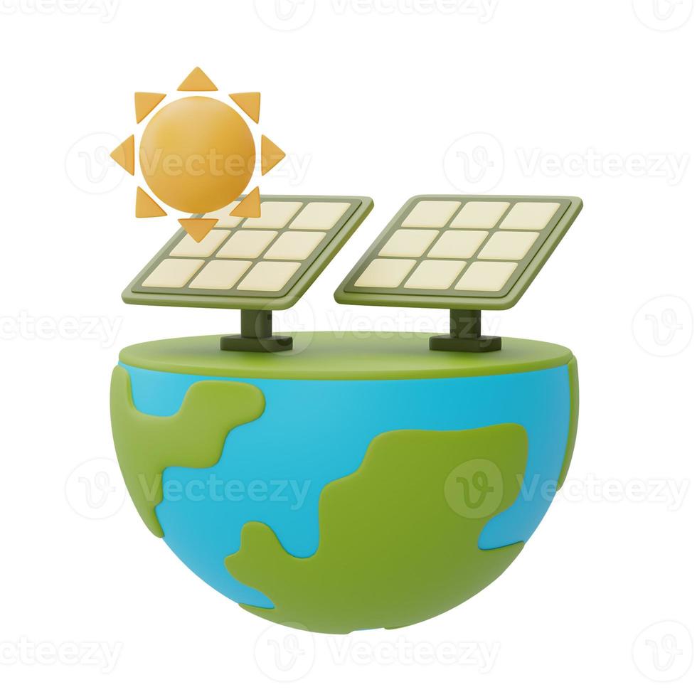 feliz día de la tierra, globo mundial con paneles solares, salvar el planeta y el concepto de energía, desarrollo de energía sostenible, renderizado 3d. foto