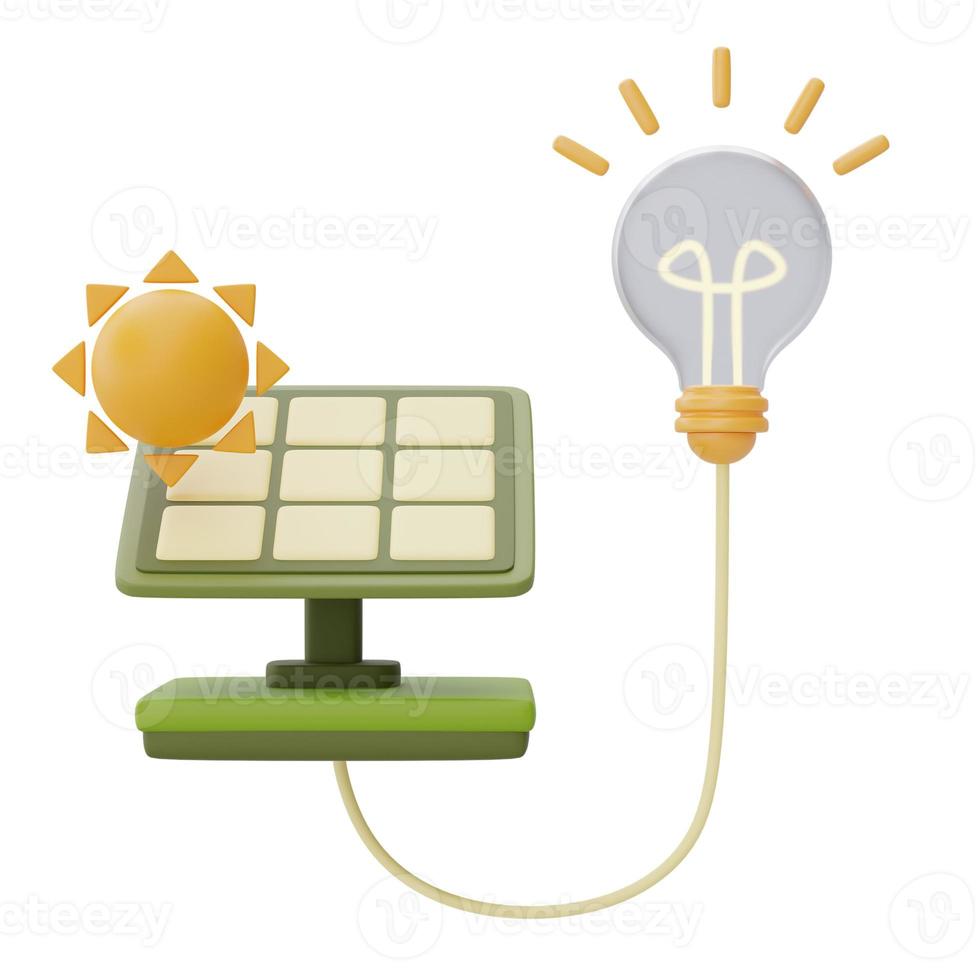 Alternative source of electricity concept with solar panels and light bulb,eco friendly,clean energy,3d rendering. photo