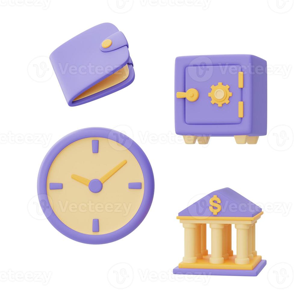 Time value of money concept with clock,wallet,safe box and bank building,time management,long term investment,3d rendering. photo
