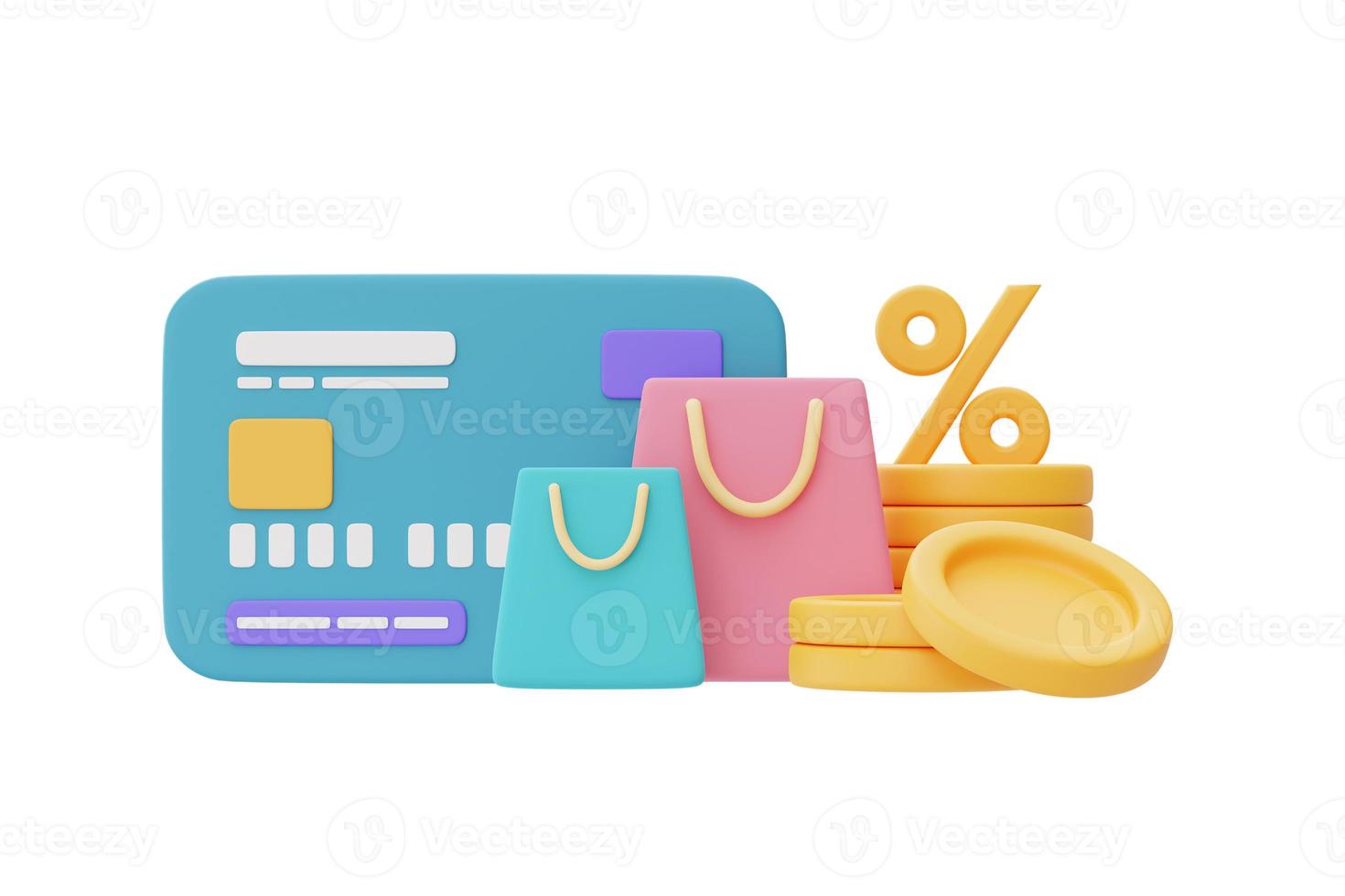 servicio de devolución de efectivo en línea o concepto de pago digital con tarjetas de crédito azules, monedas en dólares y bolsa de compras, representación 3d foto