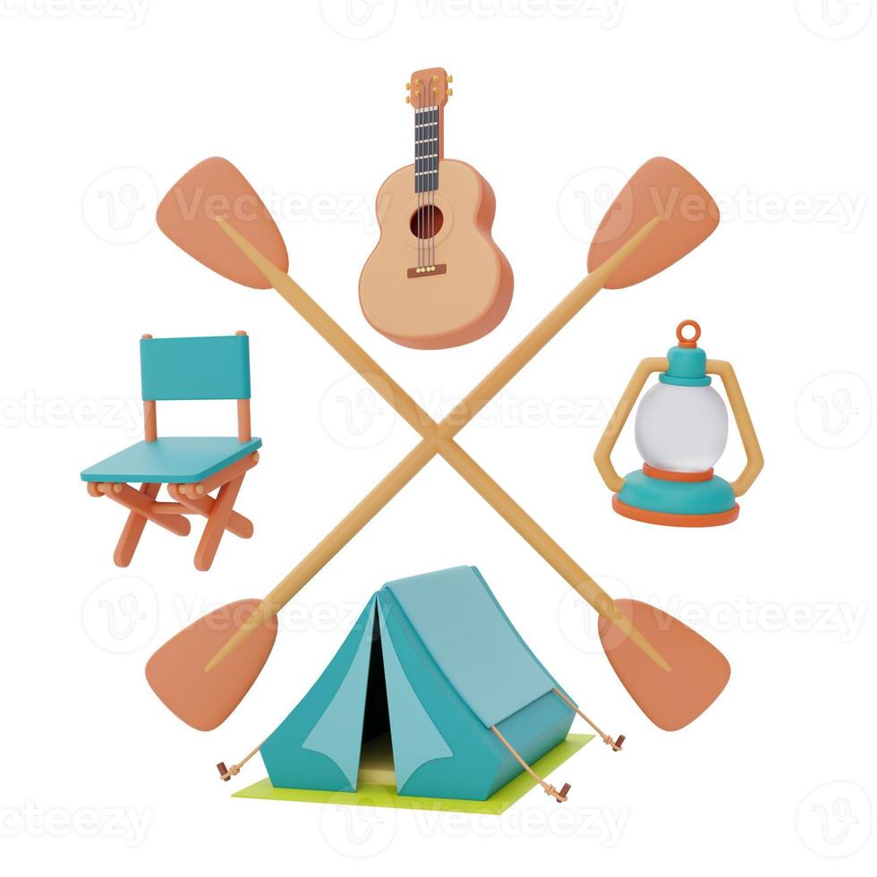 camping equipment with tourist camping tent,wooden chair,lantern,guitar,summer camp concept,3d rendering. photo