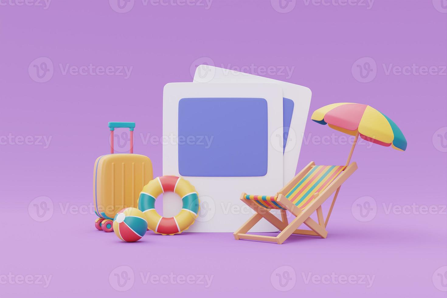 Time to travel concept ,Photo frame with suitcase and summer beach element ,Tourism and travel plan to trip,journey,3d rendering photo